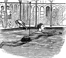 Aprendendo para nadar com a ajuda do uma corda, vintage gravado ilustração vetor
