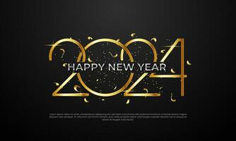 Novo ano celebração 2024 com estilo número dentro ouro metálico brilhante em luxo uma Sombrio fundo vetor