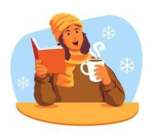 feliz mulher segurando uma copo do café e uma livro vetor