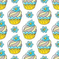 ilustração vetorial. padrão sem emenda com bolos doces. muffins fofos, cupcakes. fundo de bolinhas. textura para tecido