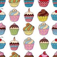 ilustração vetorial. padrão sem emenda com bolos doces. muffins fofos, cupcakes. fundo de bolinhas. textura para tecido vetor