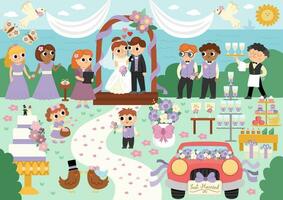 vetor Casamento cena. fofa casamento cerimônia ilustração com somente casado casal dentro a arco, registrador, damas de honra e noivo, doce bar, bolo. desenho animado matrimonial mar panorama