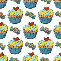 ilustração vetorial. padrão sem emenda com bolos doces. muffins fofos, cupcakes. fundo de bolinhas. textura para tecido vetor