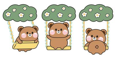 conjunto do fofa Urso de pelúcia Urso jogando uma balanço Relva e flor design.selva.selvagem animal personagem desenho animado design.crianças brinquedo.fun tempo.kawaii.vetor.ilustração. vetor