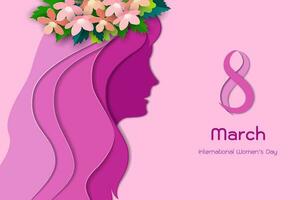 internacional mulheres dia ou mãe dia conceito com lindo flores e fêmea face em papel arte estilo vetor