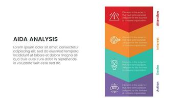 aida modelo para atenção interesse desejo açao infográfico conceito com grande vertical seta para inferior direção 4 pontos para deslizar apresentação estilo vetor
