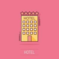 ícone de hotel de desenho vetorial em estilo cômico. pictograma de ilustração de sinal de torre. conceito de efeito de respingo de negócios de apartamento de hotel. vetor