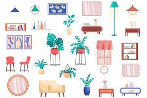 móveis, plantas da casa e conjunto de elementos de decoração isolados. pacote de cadeiras, poltrona, mesas, lâmpadas, estantes, espelhos, janela e outros. kit criador para ilustração vetorial no design plano dos desenhos animados vetor