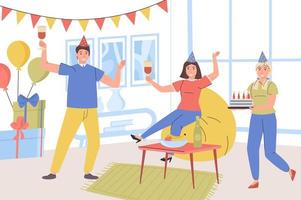 festa de aniversário em casa conceito. homem e mulher em chapéus festivos se divertir, felicitar pelo feriado, beber, dar presentes e bolo, amigos passam tempo juntos. ilustração vetorial em design moderno e plano vetor