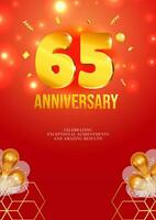 aniversário celebração folheto vermelho fundo dourado números 65 vetor
