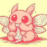 kawaii Rosa noturno lepidóptero com asas mastigar em uma peça do tecido. adorável borboleta traça com grande fofa olhos comendo roupas. vetor