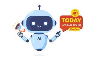 ai robô detém megafone para comunicar uma desconto promoção para clientes, bandeira para promover venda e oferta.hoje especial oferta.artificial inteligência para marketing conceito, vetor ilustração.