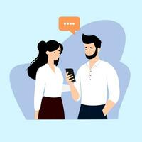 plano ilustração do uma homem e mulher conversando com uma inteligente telefone vetor