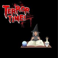 logotipo da hora do terror com a velha personagem de desenho animado da bruxa vetor