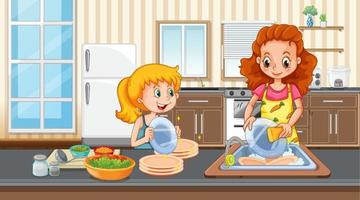 cena com mãe e filha lavando louça na cozinha vetor