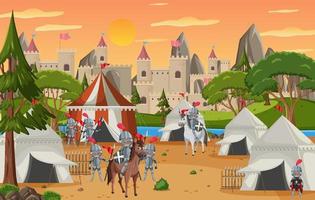 acampamento militar medieval com tendas e castelo vetor