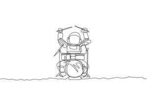um desenho de linha contínua do baterista do astronauta com o traje espacial tocando tambor na superfície da lua. conceito de concerto de música do espaço sideral. gráfico de ilustração vetorial dinâmica de desenho de linha única vetor