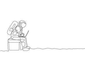 um astronauta de desenho de linha contínua em traje espacial sentado na cadeira enquanto digita no laptop. escritório de negócios de astronauta com conceito de espaço profundo. ilustração gráfica de vetor de desenho de linha única dinâmica