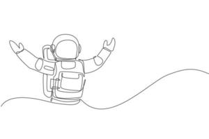 desenho de linha contínua única do astronauta abre as mãos prontas para abraçar na superfície da lua. escritório de negócios com o conceito de espaço sideral da galáxia. tendência de uma linha desenhar design gráfico ilustração vetorial vetor