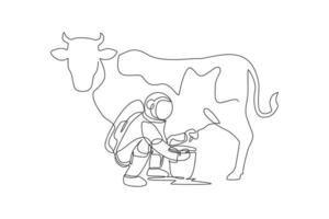 um desenho de linha contínua de astronauta astronauta agachado vaca leiteira e colocado no leite pode balde na superfície da lua. conceito de astronauta de agricultura do espaço profundo. ilustração em vetor desenho desenho de linha única