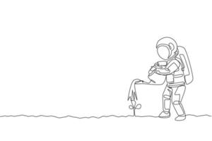um desenho de linha única do astronauta regando a árvore da planta usando um regador de metal na ilustração gráfica do vetor da superfície da lua. conceito de agricultura do espaço sideral. design moderno de desenho de linha contínua