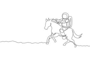 desenho de linha contínua única de cosmonauta com traje espacial cavalgando a cavalo, animal selvagem na superfície da lua. fantasia astronauta safari viagem conceito. moderno desenho de uma linha desenho vetorial ilustração gráfica vetor