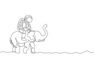 único desenho de linha contínua de cosmonauta com traje espacial montando elefante asiático, animal selvagem na superfície da lua. fantasia astronauta safari viagem conceito. ilustração em vetor desenho desenho de uma linha na moda