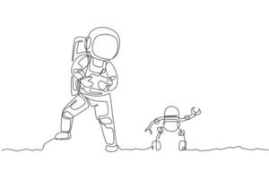 desenho de linha único contínuo do astronauta jogando o controle de rádio do robô na superfície da lua. se divertindo nas horas de lazer no conceito de espaço sideral. tendência de uma linha desenhar ilustração vetorial de design gráfico vetor