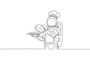 chef astronauta de desenho de linha contínua único servindo comida deliciosa enquanto abre a bandeja de metal cloche de comida. conceito de cozinha de restaurante saudável. ilustração em vetor desenho gráfico moderno de uma linha