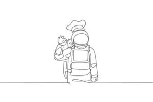 um desenho de linha única do jovem chef astronauta dando um gesto de bom gosto para ilustração vetorial de comida deliciosa. conceito de prato de galáxia delicioso espaço. gráfico de desenho moderno de linha contínua vetor