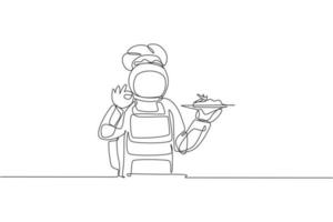 um desenho de linha única de jovem astronauta dando um gesto com a mão bem para comida saborosa, ilustração vetorial de café restaurante. conceito de prato de galáxia delicioso espaço. linha contínua moderna desenhar design gráfico vetor