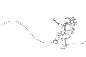 desenho de linha única contínua de jovem astronauta fazendo selfie enquanto flutuando no espaço sideral. conceito de galáxia cósmica do homem do espaço. tendência de uma linha desenhar ilustração vetorial de design gráfico vetor