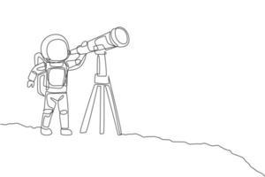 um desenho de linha contínua de um jovem astronauta feliz olhando a galáxia usando o telescópio na superfície da lua. conceito de espaço profundo do homem do espaço. ilustração gráfica de vetor de desenho de linha única dinâmica