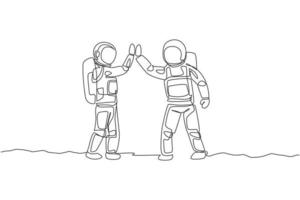 um único desenho de linha de dois jovens astronautas felizes deu mais cinco enquanto se encontravam na rua em ilustração vetorial de superfície da lua. conceito de espaço sideral do cosmonauta. design moderno de desenho de linha contínua vetor