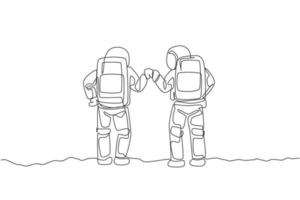 um desenho de linha contínua de dois jovens astronautas felizes dando um gesto de soco na superfície da lua, vista traseira. conceito de espaço profundo do homem do espaço. ilustração gráfica de vetor de desenho de linha única dinâmica