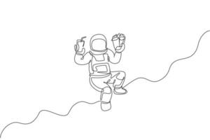 um desenho de linha única de astronauta voando na galáxia do cosmos, segurando refrigerante e ilustração vetorial de batatas fritas. conceito de vida do espaço sideral da fantasia. design moderno de desenho de linha contínua vetor