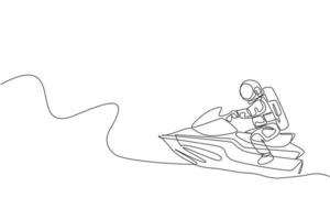 desenho de linha única contínua do astronauta exercitando jetski na superfície da lua, espaço sideral. conceito de esporte de galáxia de astronomia espacial. tendência de uma linha desenhar ilustração vetorial de design gráfico vetor