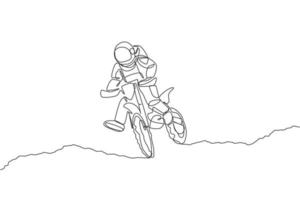 uma única linha de desenho de astronauta do astronauta praticando motocross em ilustração vetorial de galáxia cósmica. conceito de esporte de estilo de vida de cosmonauta do espaço sideral saudável. design gráfico moderno de linha contínua vetor