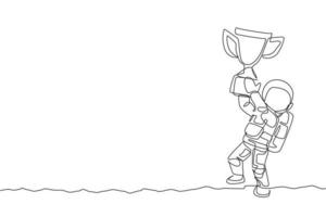 um desenho de linha única do astronauta do astronauta segurando o troféu vencedor na ilustração do vetor da galáxia cósmica. conceito de esporte de estilo de vida de cosmonauta do espaço sideral saudável. design moderno de desenho de linha contínua