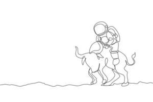 um desenho de linha contínua do astronauta dar um passeio montando um touro bravo, animal selvagem na superfície da lua. conceito de viagem de safári do espaço profundo. ilustração vetorial de design gráfico de desenho de linha única dinâmica vetor