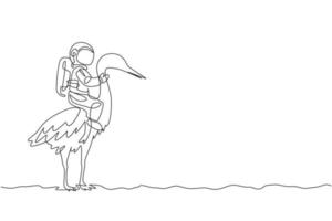 um desenho de linha única de astronauta montando pássaro garça, animal selvagem na ilustração vetorial de superfície da lua. conceito de viagem de safári do cosmonauta. linha contínua moderna desenhar design gráfico vetor