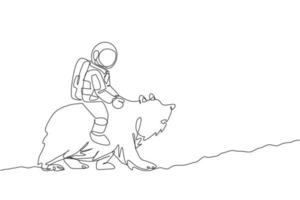 desenho de linha única contínua de cosmonauta com urso de traje espacial, animal selvagem na superfície da lua. fantasia astronauta safari viagem conceito. tendência de uma linha desenhar design gráfico ilustração vetorial vetor