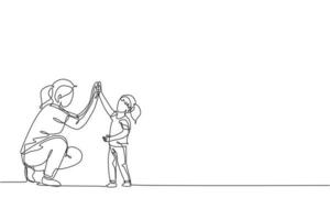 um desenho de linha contínua de uma jovem mãe feliz dando high five para a filha, comemorar seu sucesso para o desempenho escolar. conceito de parentalidade familiar. ilustração em vetor desenho dinâmico de desenho de linha única