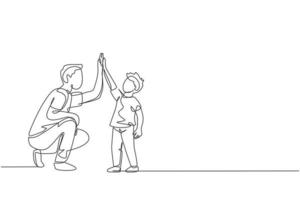 único desenho de linha contínua de jovem pai dando mais cinco gestos ao filho para sucesso na escola, tempo de paternidade. conceito de parentalidade familiar. ilustração em vetor desenho desenho de uma linha na moda