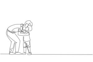 desenho de linha contínua único de um jovem pai abraçando seu filho cheio de calor antes de ir para a escola, o tempo de paternidade. conceito de parentalidade familiar. tendência de uma linha desenhar ilustração vetorial de design gráfico vetor