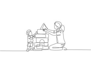 um desenho de linha única de jovem mãe brincando com seu filho construindo uma casa de brinquedo de bloco de quebra-cabeça de espuma, ilustração vetorial de pais. família feliz jogando juntos o conceito. design de desenho de linha contínua vetor