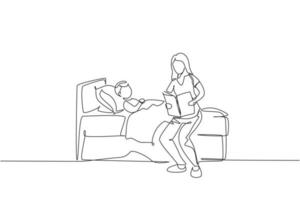 única linha contínua desenhando uma jovem mãe sentada no quarto e lendo um livro de histórias para o filho antes de dormir. conceito de parentalidade de família feliz. tendência de uma linha desenhar ilustração vetorial de design gráfico vetor