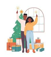 família casal em pé perto Natal árvore com apresenta e a comemorar Natal ou Novo ano. vetor