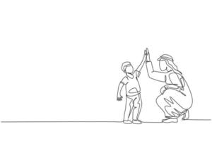 único desenho de linha contínua do jovem rapaz árabe dá mais cinco gestos para seu pai, feliz parentalidade. Cuidado familiar muçulmano islâmico, conceito de paternidade. ilustração em vetor desenho desenho de uma linha na moda
