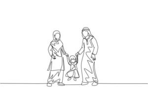 único desenho de linha contínua da jovem mãe islâmica e pai brincando e segurando a mão da filha, pais felizes. conceito de cuidados de família árabe. ilustração em vetor desenho desenho de uma linha na moda